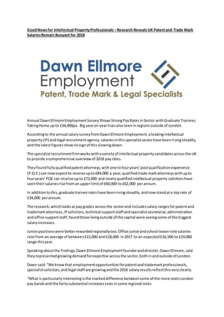 GoodNewsfor Intellectual PropertyProfessionals –Research RevealsUK Patentand Trade Mark
SalariesRemain Buoyant for 2018
Annual DawnEllmore EmploymentSurveyShowsStrongPayRatesinSector withGraduate Trainees
TakingHome up to £34,000pa. Big yearon yearrisesalsoseeninregionsoutside of London.
Accordingto the annual salarysurveyfromDawnEllmore Employment,aleadingintellectual
property(IP) andlegal recruitmentagency,salariesinthisspecialistsectorhave beenrisingsteadily,
and the latestfiguresshownosignof thisslowingdown.
The specialistrecruitmentfirmworkswithavarietyof intellectual propertycandidatesacrossthe UK
to provide acomprehensive overviewof 2018 payrates.
Theyfoundfullyqualifiedpatentattorneys,withone tofouryears’postqualificationexperience
(P.Q.E.) cannowexpectto receive upto£84,000 a year,qualifiedtrade markattorneyswithupto
fouryears’PQE can receive upto £73,000 and newlyqualifiedintellectual property solicitorshave
seentheirsalariesrise fromanupperlimitof £60,000 to £62,000 perannum.
In additiontothis,graduate trainee rateshave beenrisingsteadily,andnow standata toprate of
£34,000 perannum.
The research,whichlooksat paygrades across the sectorand includessalaryrangesforpatentand
trademarkattorneys,IPsolicitors,technical supportstaff andspecialistsecretarial,administration
and office supportstaff,foundthose livingoutside of the capital were seeingsome of the biggest
salaryincreases.
Juniorpositionswere betterrewardedregionallytoo.Office juniorandschool leaverrole salaries
rose from an average of between£15,000 and £18,000 in2017 to an expected£16,500 to £19,000
range thisyear.
Speakingaboutthe findings,DawnEllmore Employmentfounderanddirector,DawnEllmore,said
theyrepresentedgrowingdemandforexpertise acrossthe sector,bothinandoutside of London.
Dawn said:“We knowthat employmentopportunitiesforpatentandtrademarkprofessionals,
specialistsolicitors,andlegal staff are growingandthe 2018 salaryresultsreflectthisveryclearly.
“What is particularlyinterestingisthe markeddifference betweensome of the more staticLondon
pay bandsand the fairlysubstantial increasesseeninsome regional roles.
 