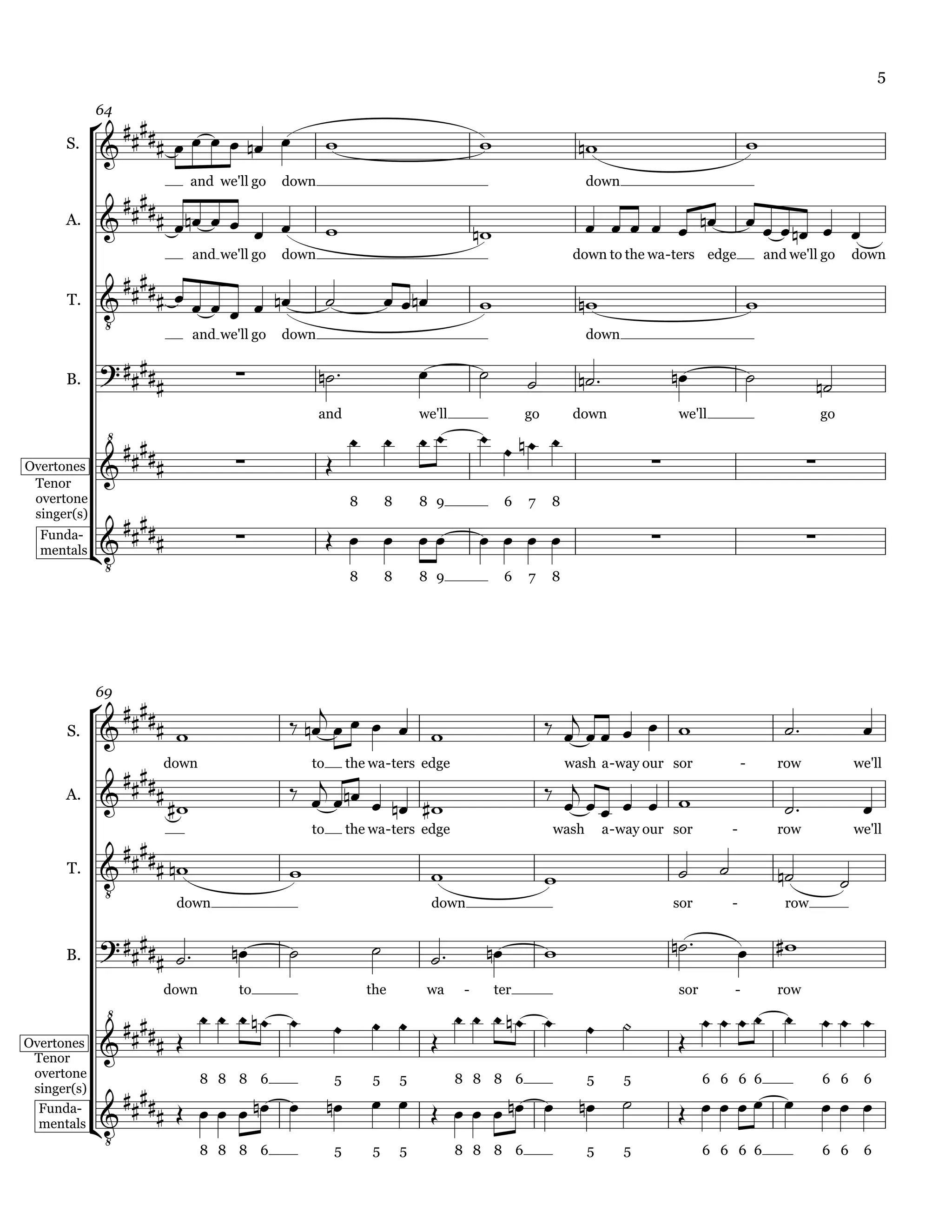 5


                
             64

      S.                                                                                                                           

               
                         and we'll go   down                                                             down

      A.                                                                                                                        
                         and we'll go   down                                                           down to the wa - ters edge                 and we'll go      down
                
                                                                                                                             
              
      T.



                                         
                      and we'll go down                                                                  down


      B.
               
                                                                                                                                                   
              
                                               and                    we'll                  go        down               we'll                               go
                                                                               
                                                                                           
                 
Overtones                                                                                                                                           
 Tenor
 overtone
             
                                                      8       8       8 9                6   7    8


  mentals 
 singer(s)
                                                                                                                                              
           
  Funda-


                                                      8       8       8 9                6   7    8




                                       
             69

      S.                                                                                                                                           
                down
                                          
                                            to        the wa - ters edge                              wash a - way our sor                -         row                we'll

                                                                                               
      A.                                                                                                                                                   
                
                                            to        the wa - ters edge                          wash       a - way our sor          -             row                we'll

                                                                                                                                            
              
      T.                                                                                                                                                          

                                                                                                                          
                     down                                                 down                                           sor          -              row

                
                                                                          
                                                                                                                                            
      B.             

              
                     down       to                        the          wa      -       ter                                sor         -             row
                                                                                                                                         
Overtones                                                                                                           
 Tenor
 overtone
                
                            8 8 8 6              5        5       5            8 8 8 6                   5      5               6 6 6 6                       6 6       6

                                                                                                                                    
              
 singer(s)


              
  Funda-
  mentals
                       8 8 8 6                   5        5       5            8 8 8 6                   5      5               6 6 6 6                       6 6       6
 