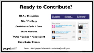 Ready to Contribute? 
Q&A / Discussion 
File / Fix Bugs 
Contribute Code / Docs 
Share Modules 
PUGs / Camps / PuppetConf ...