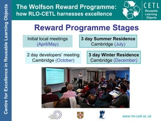 Reward Programme Stages Initial local meetings (April/May) 3 day Summer Residence Cambridge  (July) 2 day developers’ meeting Cambridge  (October) 3 day Winter Residence Cambridge  (December) 