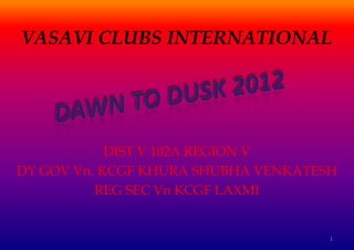 VASAVI CLUBS INTERNATIONAL




            DIST V 102A REGION V
DY GOV Vn. KCGF KHURA SHUBHA VENKATESH
          REG SEC Vn KCGF LAXMI


                                     1
 