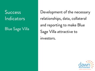 Development of the necessary
relationships, data, collateral
and reporting to make Blue
Sage Villa attractive to
investors.
Success
Indicators
Blue Sage Villa
 