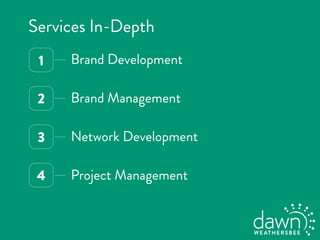 4
3
2
1 Brand Development
Brand Management
Network Development
Project Management
Services In-Depth
 