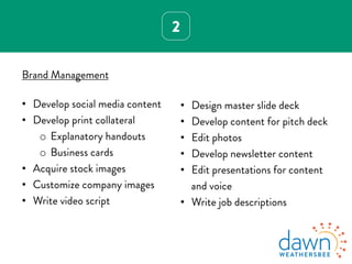 2
Brand Management
•  Develop social media content
•  Develop print collateral
o  Explanatory handouts
o  Business cards
•  Acquire stock images
•  Customize company images
•  Write video script
•  Design master slide deck
•  Develop content for pitch deck
•  Edit photos
•  Develop newsletter content
•  Edit presentations for content
and voice
•  Write job descriptions
 
