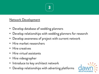 3
Network Development
•  Develop database of wedding planners
•  Develop relationships with wedding planners for research
•  Develop awareness of project with current network
•  Hire market researchers
•  Hire creatives
•  Hire virtual assistants
•  Hire videographer
•  Introduce to key architect network
•  Develop relationships with adverting platforms
 