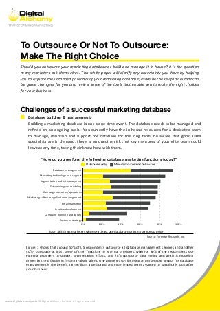 www.digitalalchemy.asia © Digital Alchemy Limited. All rights reserved.
Should you outsource your marketing database or build and manage it in-house? It is the question
many marketers ask themselves. This white paper will clarify any uncertainty you have by helping
you to explore the untapped potential of your marketing database; examine the key factors that can
be game changers for you and review some of the tools that enable you to make the right choices
for your business.
Database building & management
Building a marketing database is not a one-time event. The database needs to be managed and
refined on an ongoing basis. You currently have the in-house resources for a dedicated team
to manage, maintain and support the database for the long term, be aware that good DBM
specialists are in demand; there is an ongoing risk that key members of your elite team could
leave at any time, taking their know-how with them.
Challenges of a successful marketing database
Figure 1 shows that around 50% of US respondents outsource all database management services and another
40%+ outsource at least some of their functions to external providers, whereby 80% of the respondents use
external providers to support segmentation eﬀorts, and 78% outsource data mining and analytic modeling
driven by the difficulty in finding analytic talent. One prime reason for using an outsourced vendor for database
management is the benefit gained from a dedicated and experienced team assigned to specifically look after
your business.
“How do you perform the following database marketing functions today?”
Database management
Marketing technology and support
Segmentation and list managment
Data mining and modeling
Campaign execution/operations
Marketing software application management
Email marketing
Creative development
Campaign planning and design
Customer strategy
Outsource only
Base: 185 direct marketers who use at least one database marketing services provider
Mixed insource and outsource
0%	 20%	 40% 60% 80% 100%
Source: Forrester Research, Inc.
To Outsource Or Not To Outsource:
Make The Right Choice
 