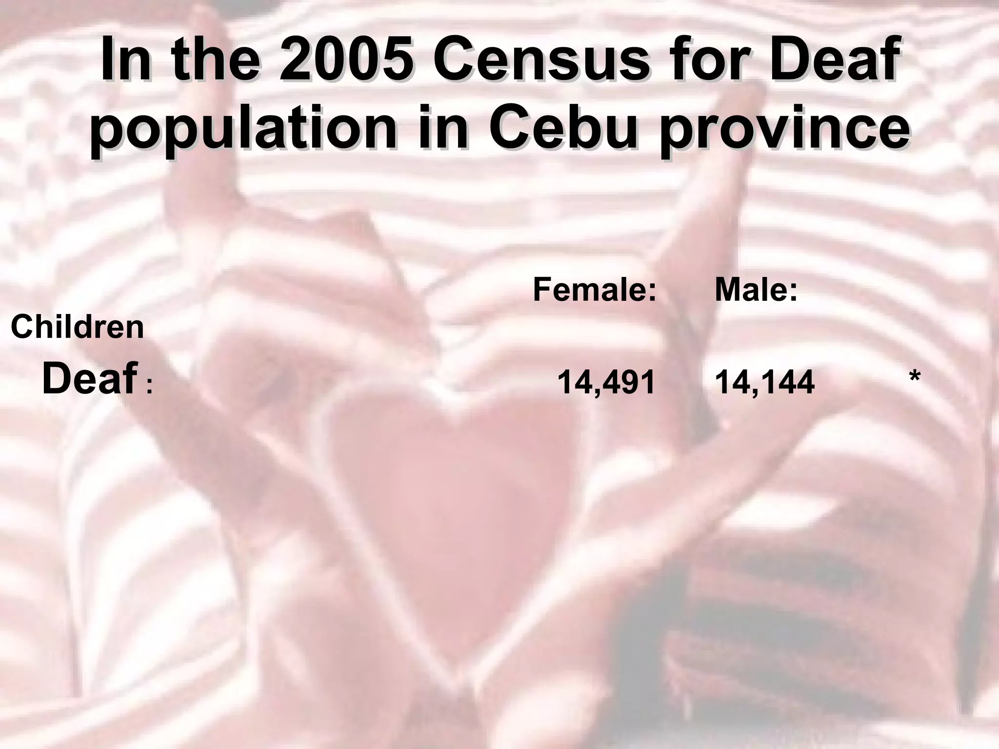 In the 2005 Census for Deaf population in Cebu province Female:  Male:  Children  Deaf  :   14,491  14,144  * 