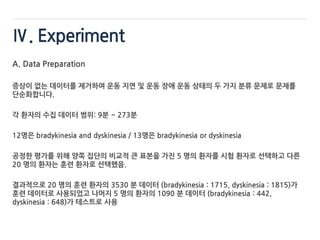 Ⅳ. Experiment
A. Data Preparation
증상이 없는 데이터를 제거하여 운동 지연 및 운동 장애 운동 상태의 두 가지 분류 문제로 문제를
단순화합니다.
각 환자의 수집 데이터 범위: 9분 ~ 273분
12명은 bradykinesia and dyskinesia / 13명은 bradykinesia or dyskinesia
공정한 평가를 위해 양쪽 집단의 비교적 큰 표본을 가진 5 명의 환자를 시험 환자로 선택하고 다른
20 명의 환자는 훈련 환자로 선택했음.
결과적으로 20 명의 훈련 환자의 3530 분 데이터 (bradykinesia : 1715, dyskinesia : 1815)가
훈련 데이터로 사용되었고 나머지 5 명의 환자의 1090 분 데이터 (bradykinesia : 442,
dyskinesia : 648)가 테스트로 사용
 