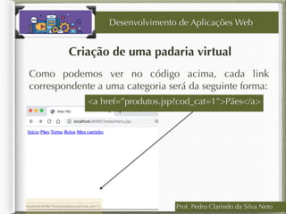 Prof. Pedro Clarindo da Silva Neto
Criação de uma padaria virtual
Como podemos ver no código acima, cada link
correspondente a uma categoria será da seguinte forma:
Desenvolvimento de Aplicações Web
<a href=”produtos.jsp?cod_cat=1”>Pães</a>
 