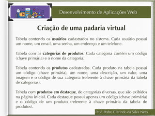 Prof. Pedro Clarindo da Silva Neto
Criação de uma padaria virtual
Tabela contendo os usuários cadastrados no sistema. Cada usuário possui
um nome, um email, uma senha, um endereço e um telefone.  
Tabela com as categorias de produtos. Cada categoria contém um código
(chave primária) e o nome da categoria.  
Tabela contendo os produtos cadastrados. Cada produto na tabela possui
um código (chave primária), um nome, uma descrição, um valor, uma
imagem e o código de sua categoria (referente à chave primária da tabela
de categorias).
Tabela com produtos em destaque, de categorias diversas, que são exibidos
na página inicial. Cada destaque possui apenas um código (chave primária)
e o código de um produto (referente à chave primária da tabela de
produtos).
Desenvolvimento de Aplicações Web
 