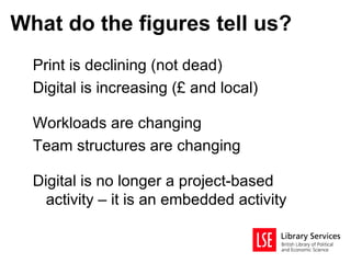 What do the figures tell us?
  Print is declining (not dead)
  Digital is increasing (£ and local)

  Workloads are changing
  Team structures are changing

  Digital is no longer a project-based
    activity – it is an embedded activity
 