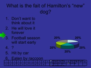 What is the fait of Hamilton’s “new” dog? Don’t want to think about it He will love it forever Football season will start early ? Hit by car Eaten by raccoon 30 29 28 27 26 25 24 23 22 21 20 19 18 17 16 15 14 13 12 11 10 9 8 7 6 5 4 3 2 1 