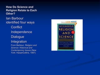 Image source:
http://www.amazon.com/Religi
on-Science-Gifford-Lectures-
Barbour/dp/0060609389/ref=sr
_1_1?s=books&ie=UTF8&qid
=1358952534&sr=1-
1&keywords=religion+and+sci
ence+ian+barbour (fair use)
How Do Science and
Religion Relate to Each
Other?
Ian Barbour
identified four ways
Conflict
Independence
Dialogue
Integration
From Barbour, Religion and
Science: Historical and
Contemporary Issues (New
York: HarperCollins, 1997)
 