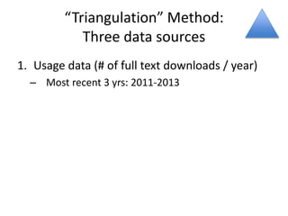 “Triangulation” Method:
Three data sources
1. Usage data (# of full text downloads / year)
– Most recent 3 yrs: 2011-2013
 