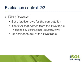 Evaluation context 2/3
 Filter Context:
 Set of active rows for the computation
 The filter that comes from the PivotTa...