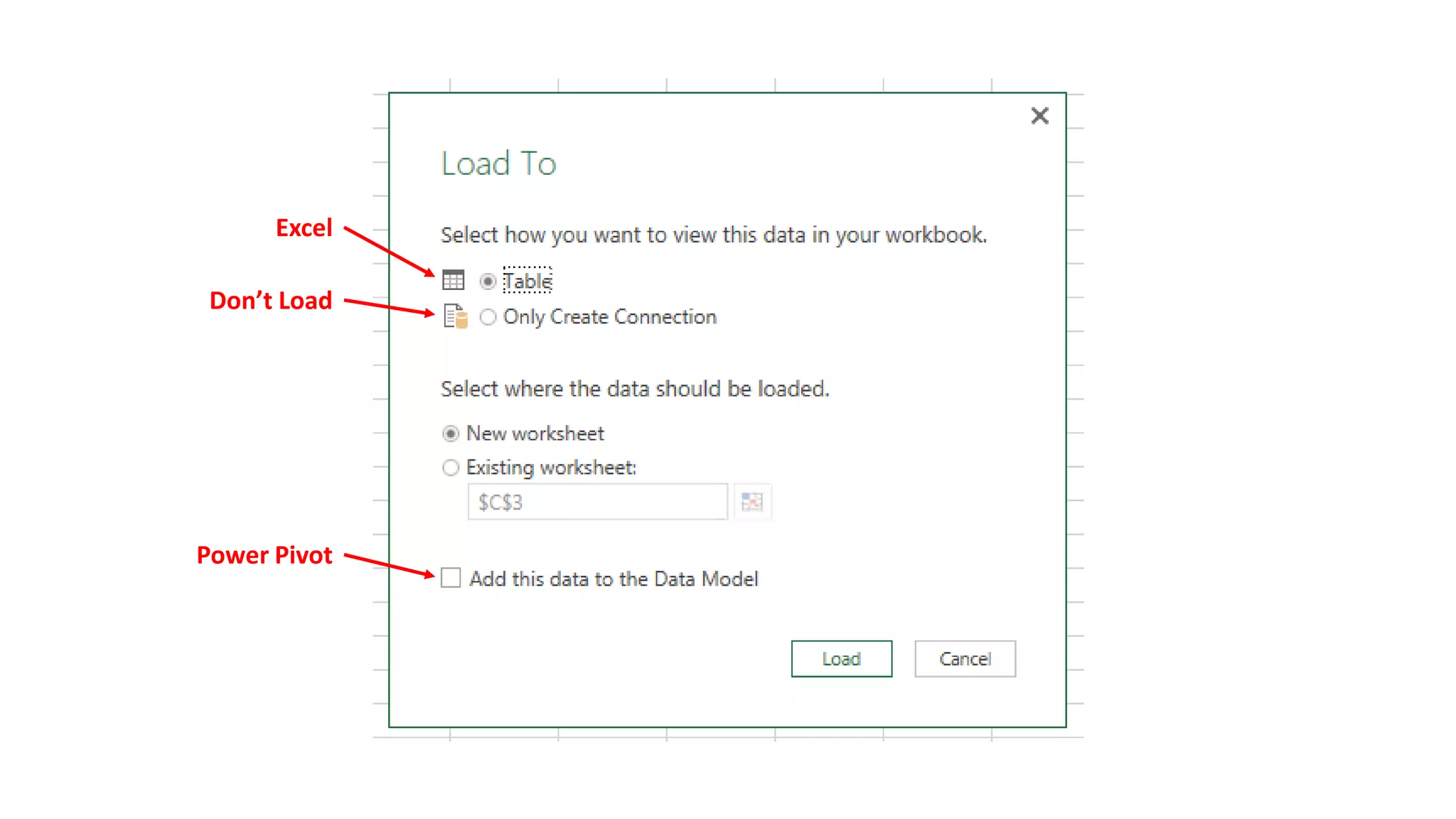 Excel
Don’t Load
Power Pivot
