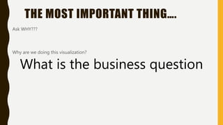 THE MOST IMPORTANT THING….
Ask WHY???
Why are we doing this visualization?
What is the business question
 