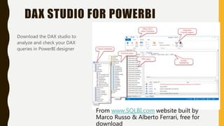 DAX STUDIO FOR POWERBI
Download the DAX studio to
analyze and check your DAX
queries in PowerBI designer
From www.SQLBI.com website built by
Marco Russo & Alberto Ferrari, free for
download
 