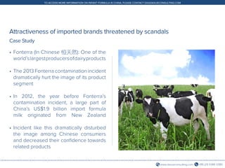 +86 (21) 5386 0380www.daxueconsulting.com
TO ACCESS MORE INFORMATION ON INFANT FORMULA IN CHINA, PLEASE CONTACT DX@DAXUECONSULTING.COM
Attractiveness of imported brands threatened by scandals
•	Fonterra (In Chinese 恒天然): One of the
world’slargestproducersofdairyproducts
•	The 2013 Fonterra contamination incident
dramatically hurt the image of its product
segment
•	In 2012, the year before Fonterra’s
contamination incident, a large part of
China’s US$1.9 billion import formula
milk originated from New Zealand
•	Incident like this dramatically disturbed
the image among Chinese consumers
and decreased their confidence towards
related products
Case Study
 