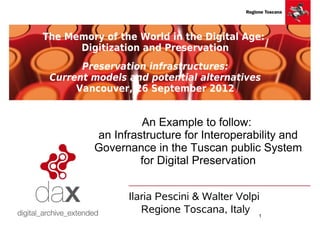 The Memory of the World in the Digital Age: 
Digitization and Preservation 
Preservation infrastructures: 
Current models and potential alternatives 
Vancouver, 26 September 2012 
An Example to follow: 
an Infrastructure for Interoperability and 
Governance in the Tuscan public System 
for Digital Preservation 
Ilaria Pescini & Walter Volpi 
1 
Regione Toscana, Italy 
 