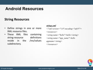 Slide 24 of 49© People Strategists www.peoplestrategists.com
String Resources
• Define strings in one or more
XML resource files.
• These XML files containing
string-resource definitions
reside in the /res/values
subdirectory.
strings.xml
<?xml version="1.0" encoding="utf-8"?>
<resources>
<string name="hello">hello</string>
<string name="app_name">hello
appname</string>
</resources>
Android Resources
 