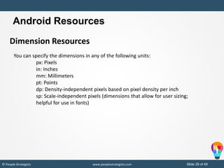 Slide 29 of 49© People Strategists www.peoplestrategists.com
Dimension Resources
You can specify the dimensions in any of the following units:
px: Pixels
in: Inches
mm: Millimeters
pt: Points
dp: Density-independent pixels based on pixel density per inch
sp: Scale-independent pixels (dimensions that allow for user sizing;
helpful for use in fonts)
Android Resources
 