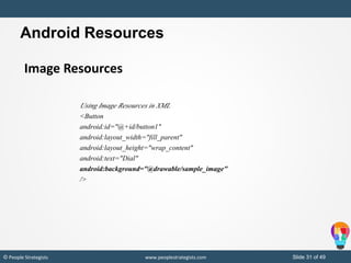 Slide 31 of 49© People Strategists www.peoplestrategists.com
Image Resources
Using Image Resources in XML
<Button
android:id="@+id/button1"
android:layout_width="fill_parent"
android:layout_height="wrap_content"
android:text="Dial"
android:background="@drawable/sample_image"
/>
Android Resources
 