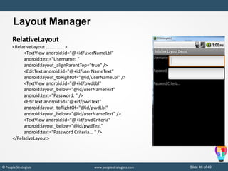 Slide 46 of 49© People Strategists www.peoplestrategists.com
Layout Manager
RelativeLayout
<RelativeLayout …………… >
<TextView android:id="@+id/userNameLbl"
android:text="Username: “
android:layout_alignParentTop="true" />
<EditText android:id="@+id/userNameText"
android:layout_toRightOf="@id/userNameLbl" />
<TextView android:id="@+id/pwdLbl"
android:layout_below="@id/userNameText"
android:text="Password: " />
<EditText android:id="@+id/pwdText"
android:layout_toRightOf="@id/pwdLbl"
android:layout_below="@id/userNameText" />
<TextView android:id="@+id/pwdCriteria"
android:layout_below="@id/pwdText"
android:text="Password Criteria... " />
</RelativeLayout>
 