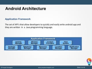 Slide 9 of 49© People Strategists www.peoplestrategists.com
Application Framework
The set of API's that allow developers to quickly and easily write android app and
they are written in a Java programming language.
Android Architecture
 
