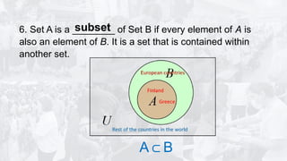 6. Set A is a ________ of Set B if every element of A is
also an element of B. It is a set that is contained within
another set.
subset
A B
⊂
 
