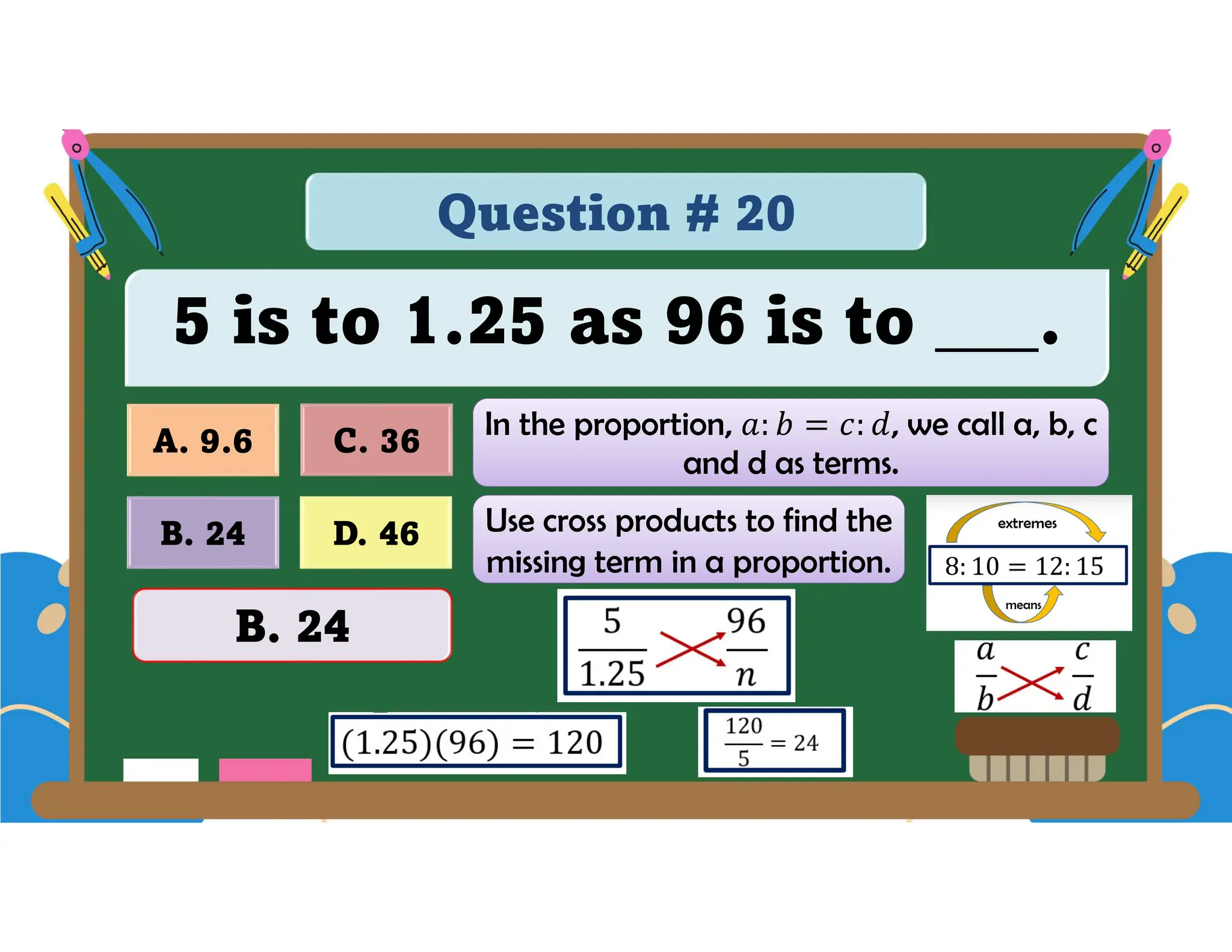Question # 20
5 is to 1.25 as 96 is to ___.
D. 46
A. 9.6 C. 36
B. 24
B. 24
In the proportion, , we call a, b, c
and d as terms.
Use cross products to find the
missing term in a proportion.
 