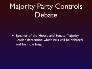 Majority Party Controls Debate Speaker of the House and Senate Majority Leader determine which bills will be debated and for how long 