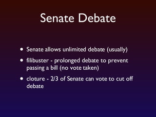 Senate Debate Senate allows unlimited debate (usually) filibuster - prolonged debate to prevent passing a bill (no vote taken) cloture - 2/3 of Senate can vote to cut off debate 