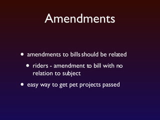 Amendments amendments to bills should be related riders - amendment to bill with no relation to subject easy way to get pet projects passed 