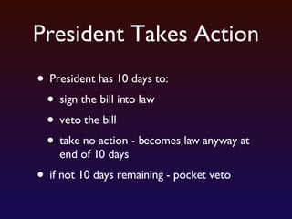 President Takes Action President has 10 days to: sign the bill into law veto the bill take no action - becomes law anyway at end of 10 days if not 10 days remaining - pocket veto 