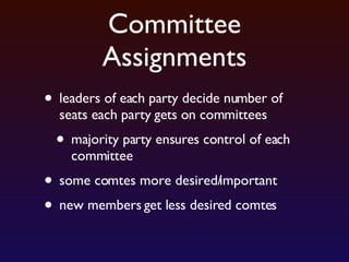 Committee Assignments leaders of each party decide number of seats each party gets on committees majority party ensures control of each committee some comtes more desired/important new members get less desired comtes 