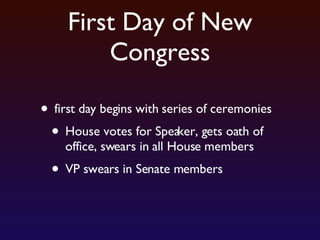 First Day of New Congress first day begins with series of ceremonies House votes for Speaker, gets oath of office, swears in all House members VP swears in Senate members 