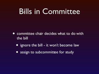 Bills in Committee committee chair decides what to do with the bill ignore the bill - it won’t become law assign to subcommittee for study 