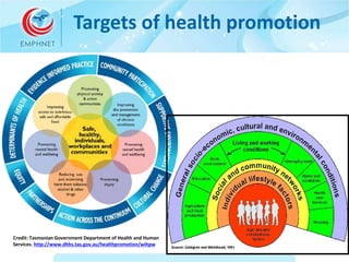 Targets of health promotion 
Credit: Tasmanian Government Department of Health and Human 
Services. http://www.dhhs.tas.go...