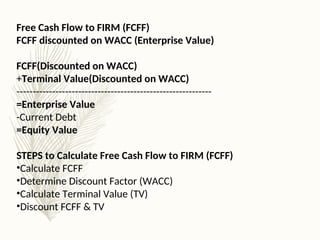 Free Cash Flow to FIRM (FCFF)
FCFF discounted on WACC (Enterprise Value)
FCFF(Discounted on WACC)
+Terminal Value(Discounted on WACC)
------------------------------------------------------------
=Enterprise Value
-Current Debt
=Equity Value
STEPS to Calculate Free Cash Flow to FIRM (FCFF)
•Calculate FCFF
•Determine Discount Factor (WACC)
•Calculate Terminal Value (TV)
•Discount FCFF & TV
 