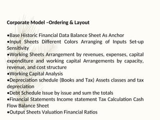 Corporate Model –Ordering & Layout
•Base Historic Financial Data Balance Sheet As Anchor
•Input Sheets Different Colors Arranging of Inputs Set-up
Sensitivity
•Working Sheets Arrangement by revenues, expenses, capital
expenditure and working capital Arrangements by capacity,
revenue, and cost structure
•Working Capital Analysis
•Depreciation schedule (Books and Tax) Assets classes and tax
depreciation
•Debt Schedule Issue by issue and sum the totals
•Financial Statements Income statement Tax Calculation Cash
Flow Balance Sheet
•Output Sheets Valuation Financial Ratios
 