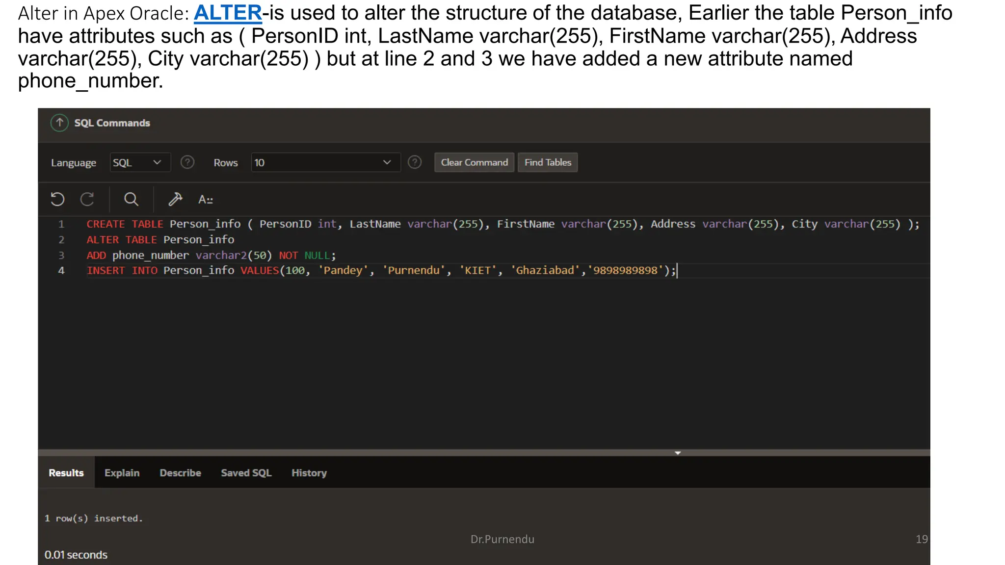 Alter in Apex Oracle: ALTER-is used to alter the structure of the database, Earlier the table Person_info have attributes such as ( PersonID int, LastName varchar(255), FirstName varchar(255), Address varchar(255), City varchar(255) ) but at line 2 and 3 we have added a new attribute named phone_number. Dr.Purnendu 19 