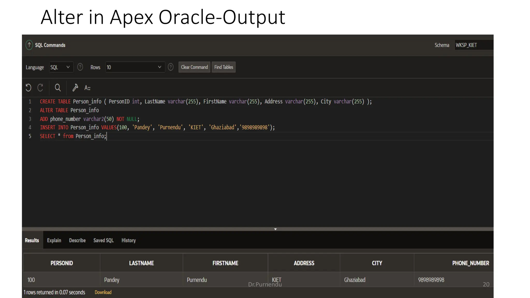 Alter in Apex Oracle-Output Dr.Purnendu 20 