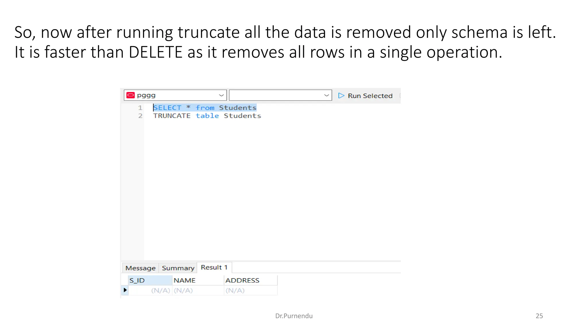 So, now after running truncate all the data is removed only schema is left. It is faster than DELETE as it removes all rows in a single operation. Dr.Purnendu 25 