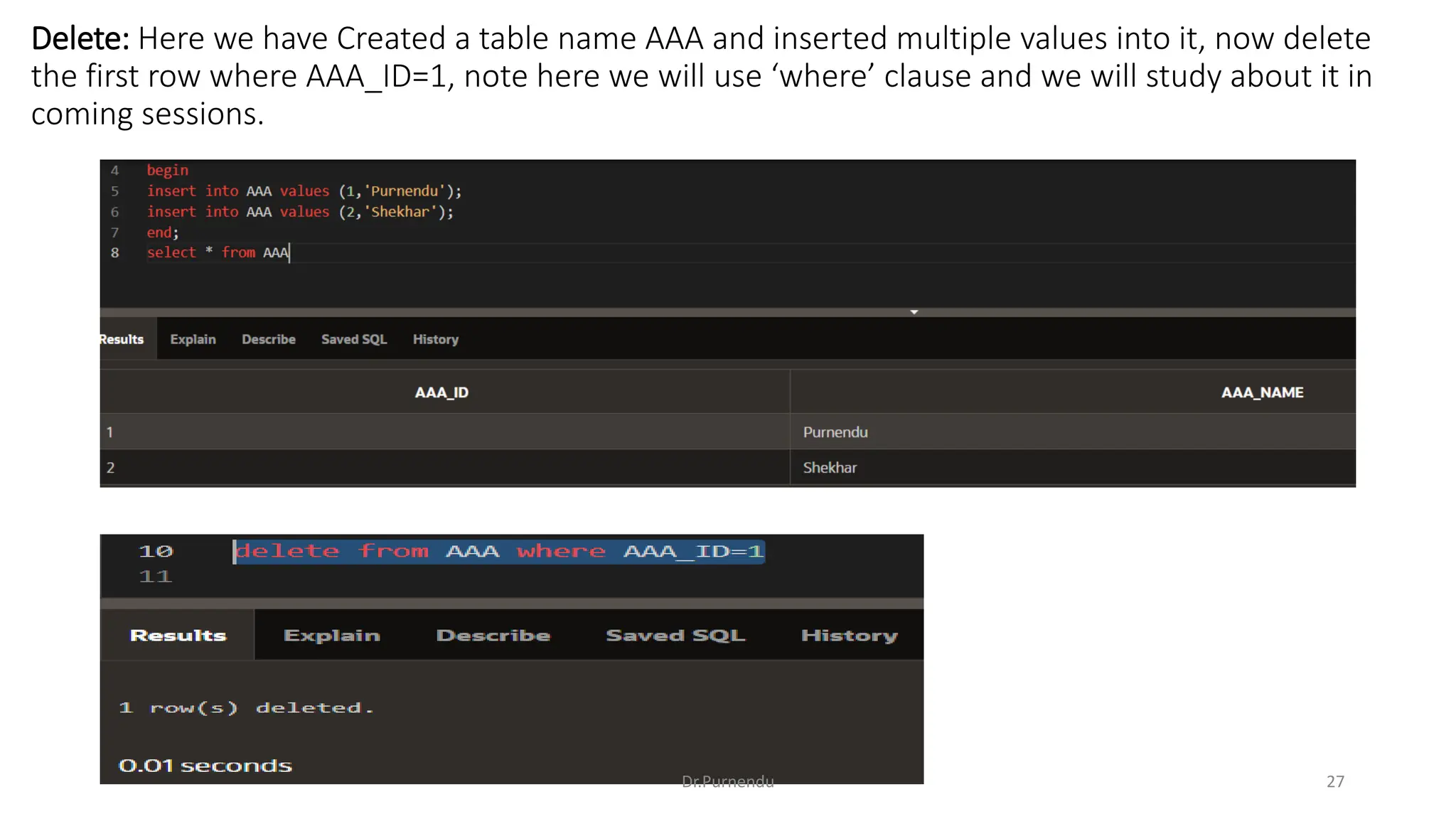 Delete: Here we have Created a table name AAA and inserted multiple values into it, now delete the first row where AAA_ID=1, note here we will use ‘where’ clause and we will study about it in coming sessions. Dr.Purnendu 27 