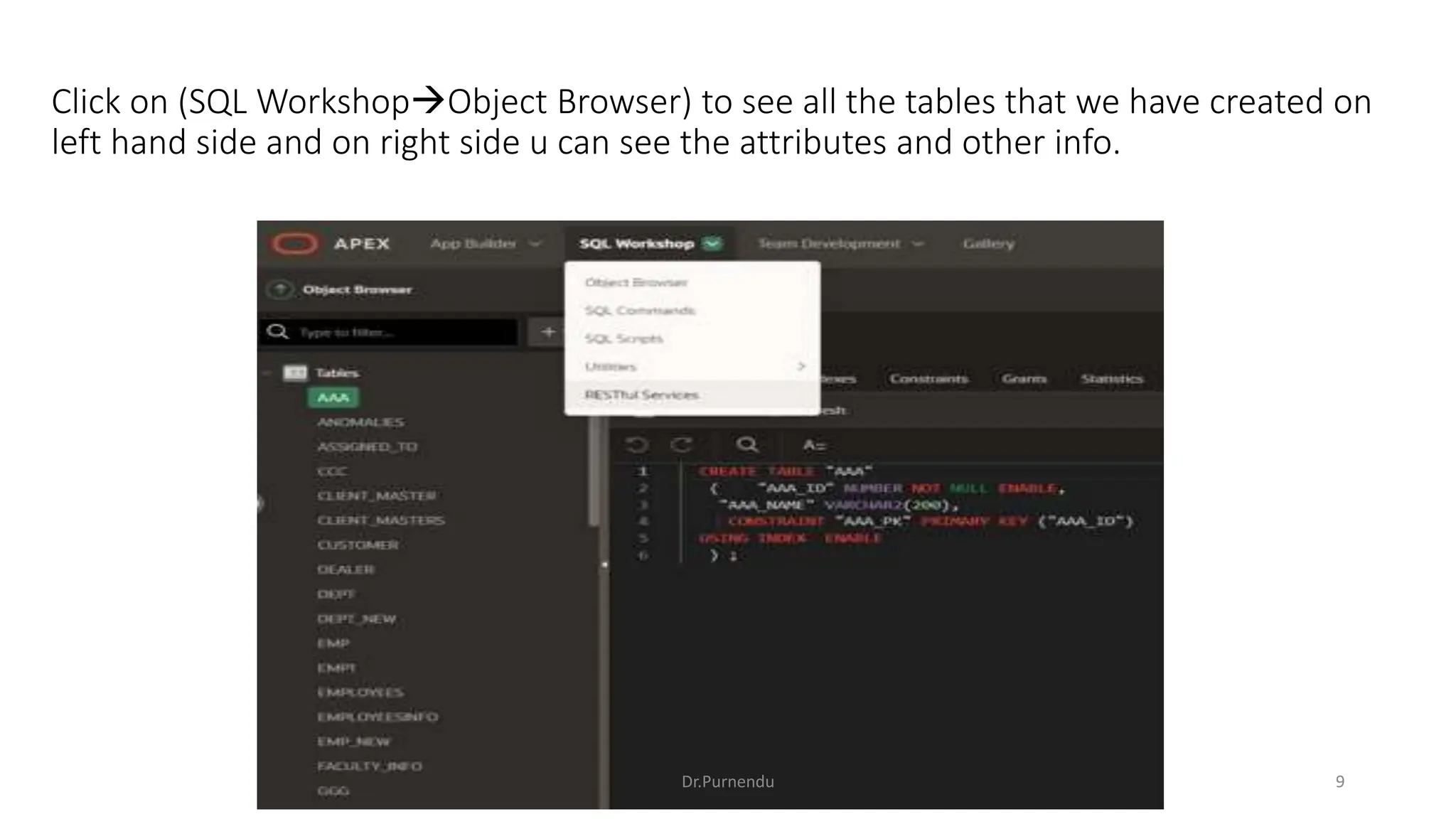 Click on (SQL WorkshopObject Browser) to see all the tables that we have created on left hand side and on right side u can see the attributes and other info. Dr.Purnendu 9 