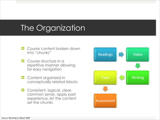 The Organization Course content broken down into “chunks”  Course structure in a repetitive manner allowing for easy navigation Content organized in conceptually related blocks Consistent, logical, clear, common sense, apply past experience, let the content set the chunks Source: Blending In, March 2007 