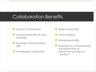 Collaboration Benefits Passive to interactive Increase retention of class materials Develops critical thinking skills Knowledge construction Builds community Team building Interpersonal skills Importance of emphasizing the relationship of interactive activities to “content” 