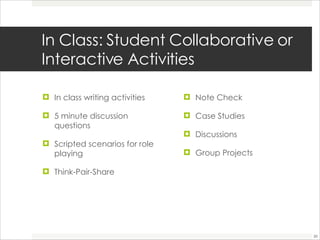 In Class: Student Collaborative or Interactive Activities In class writing activities 5 minute discussion questions Scripted scenarios for role playing Think-Pair-Share Note Check Case Studies Discussions Group Projects 
