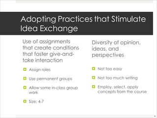 Adopting Practices that Stimulate Idea Exchange Use of assignments that create conditions that foster give-and-take interaction  Assign roles  Use permanent groups Allow some in-class group work  Size: 4-7 Diversity of opinion, ideas, and perspectives Not too easy Not too much writing  Employ, select, apply concepts from the course  